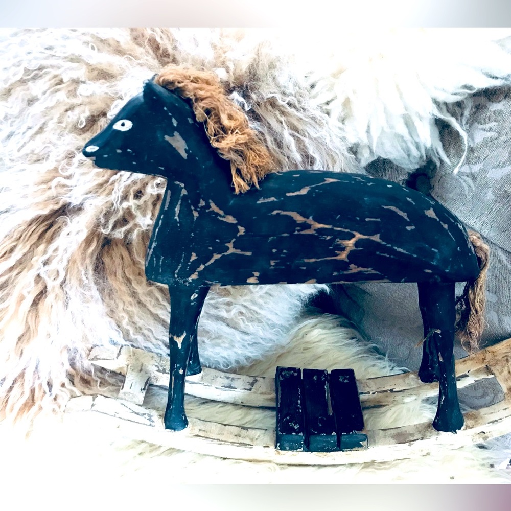 Handmade Primitive Style Black Wooden Rocking Horse Figurine